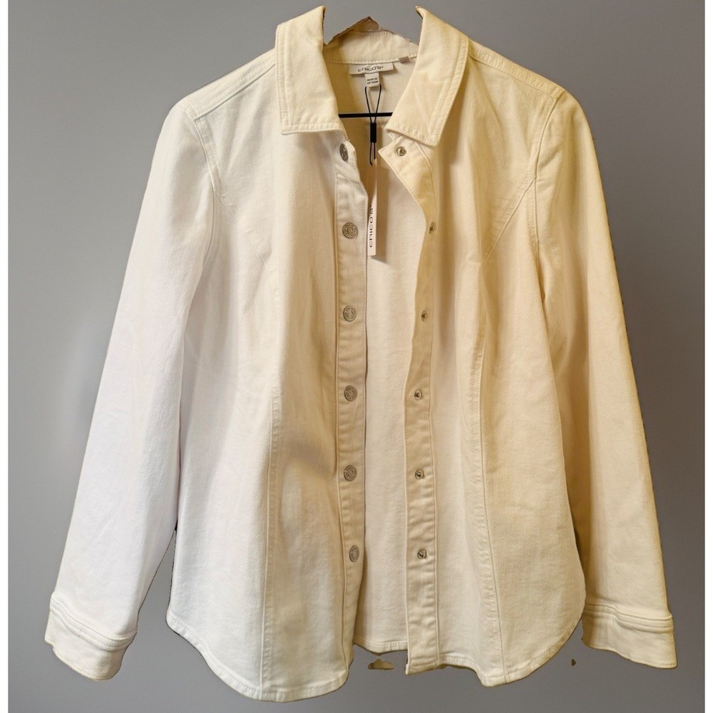 Chico's Denim Shacket Jacket 1 M Alabaster White Snap Long Sleeve NWT 8-10